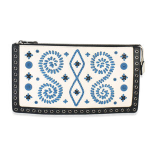 Prada White Black Saffiano Embroidered Eyelet Clutch